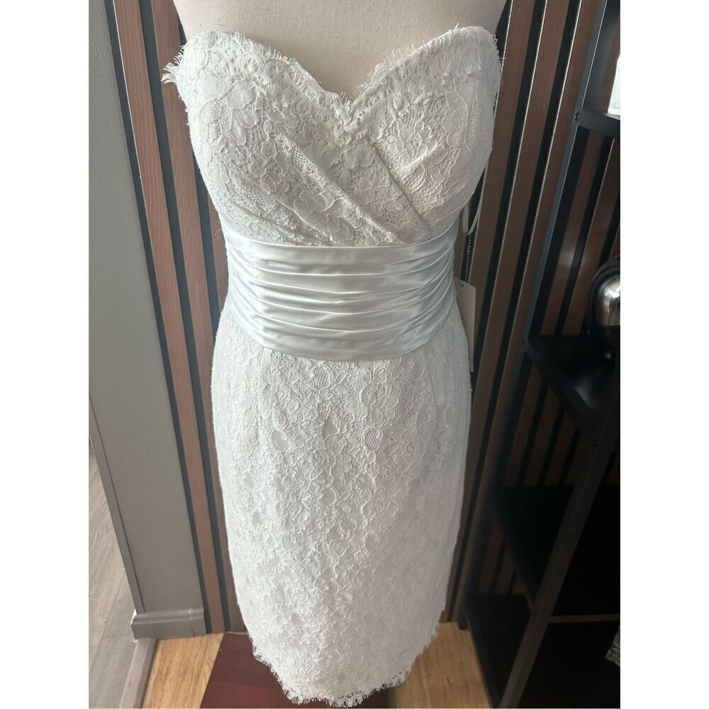 KNT LTD Wedding Short Mini Dress sz 6 Ivory lace Strapless Sheath